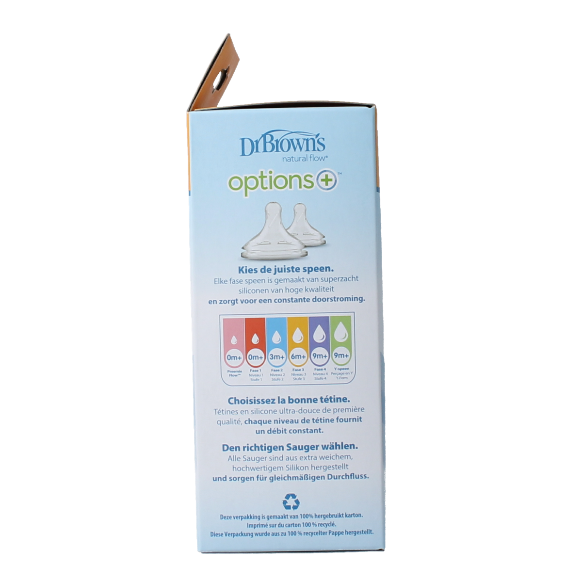 Dr. Brown's Options+ baby bottle with wide neck, 150ml capacity, shown with attached nipple, in a clean and clear setting.