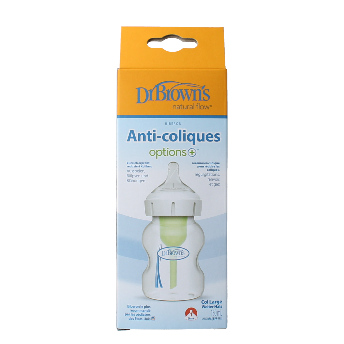 Dr. Brown's Options+ baby bottle with wide neck, 150ml capacity, featuring a nipple for feeding, in a clear plastic design.