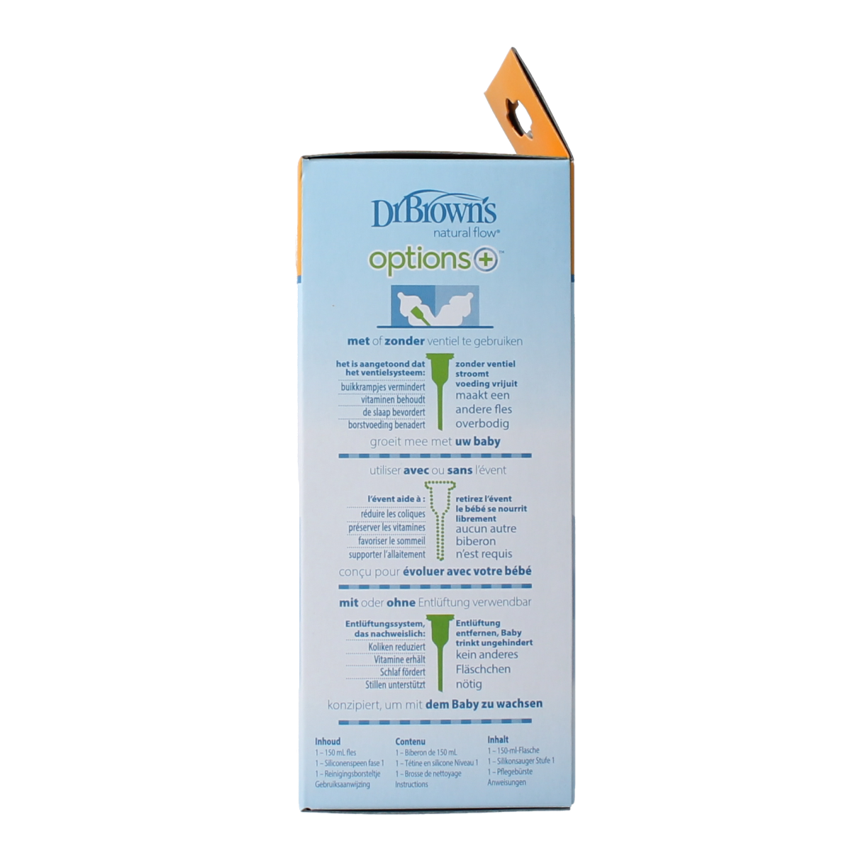 Dr. Brown's Options+ 150ml baby bottle with wide neck, made of durable material, shown with attached nipple.