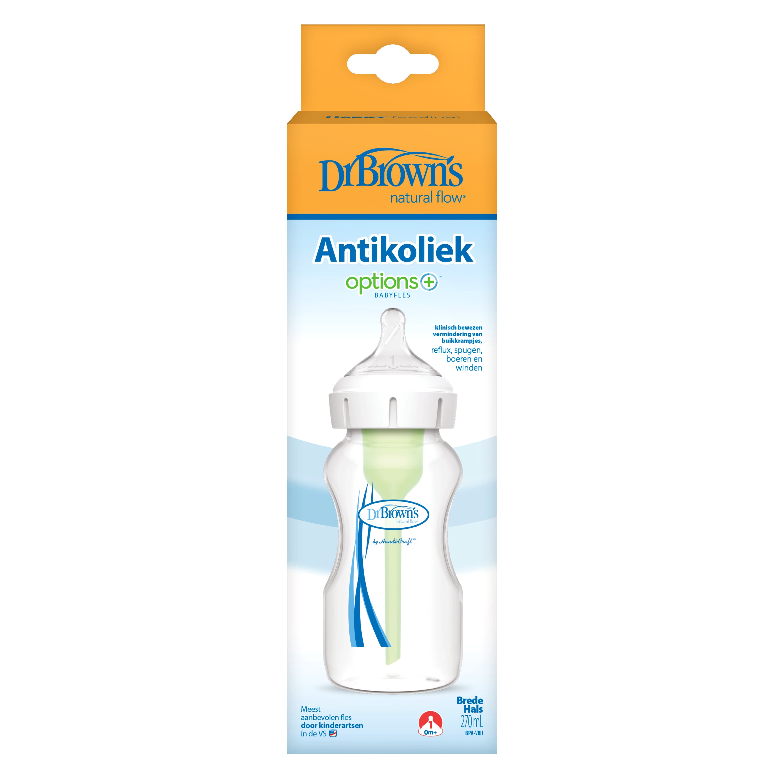 Dr. Brown's Options+ baby bottle with wide neck, 270ml, made of clear plastic with measurement markings and silicone nipple.