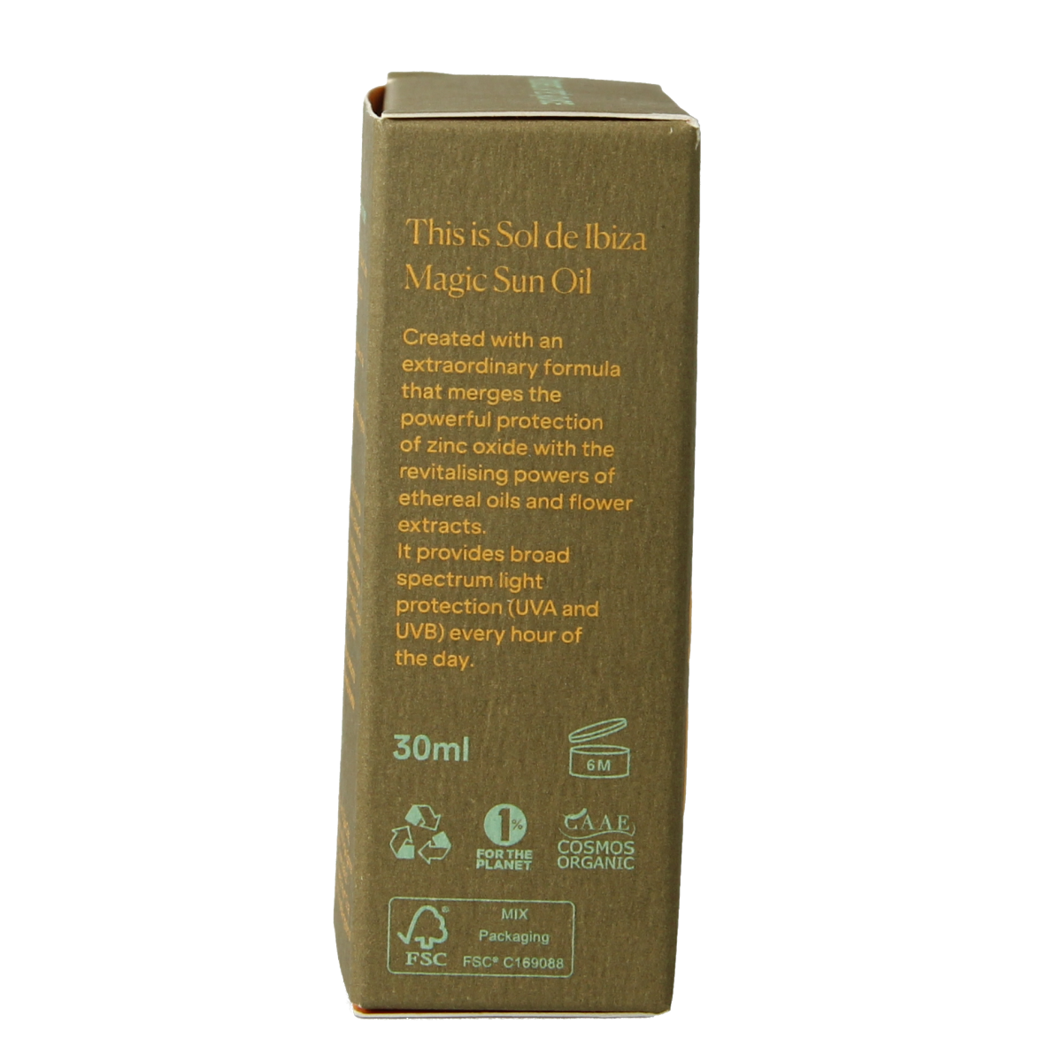 Sol De Ibiza SPF 15 bio sun oil bottle with protective and restorative properties, 30ml, featuring golden sun protection label.