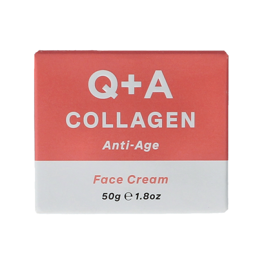 Q+A Collagen face cream in 50g jar, facial skincare product with nourishing cream for healthy skin.