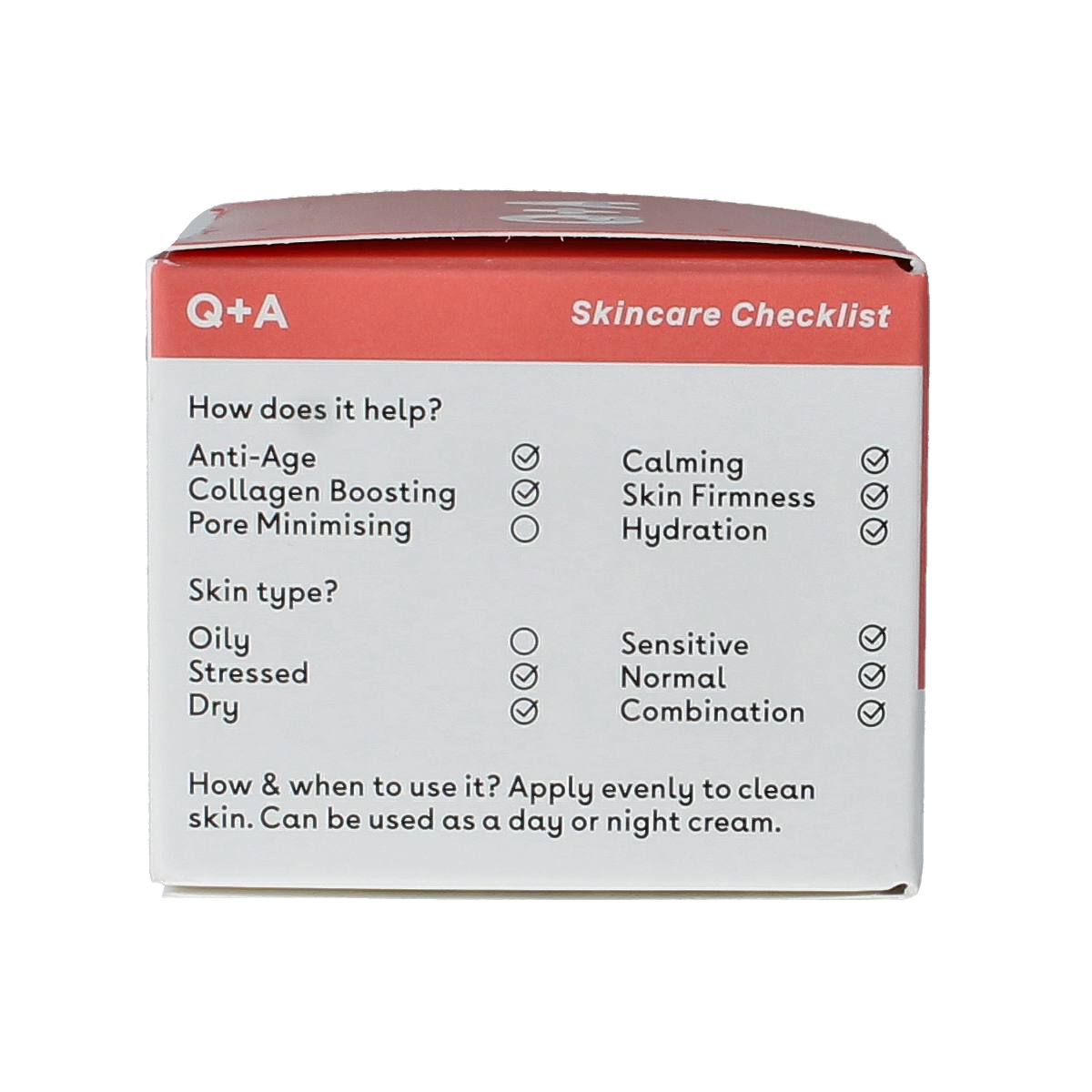 Q+A Collagen face cream in 50g jar, moisturizing facial skincare product with collagen for healthy skin, shown in the image.