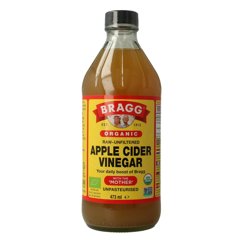 Bragg organic apple cider vinegar in a 473ml bottle, displayed with a clear label and glass bottle on a neutral background.