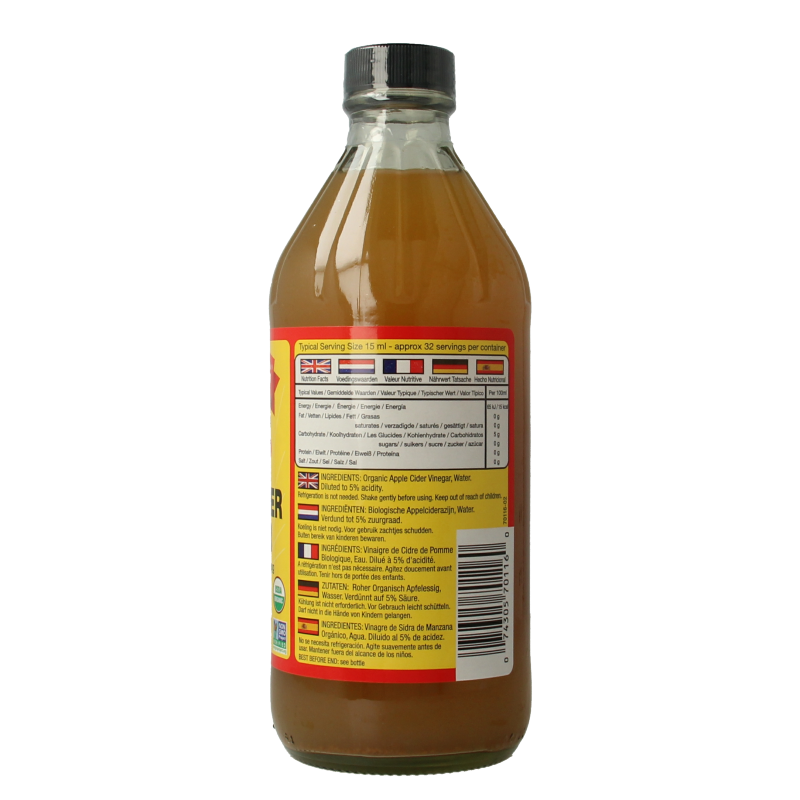 Organic Bragg apple cider vinegar bottle, 473ml, in a clear glass container with a white cap, used for drinks and cooking.