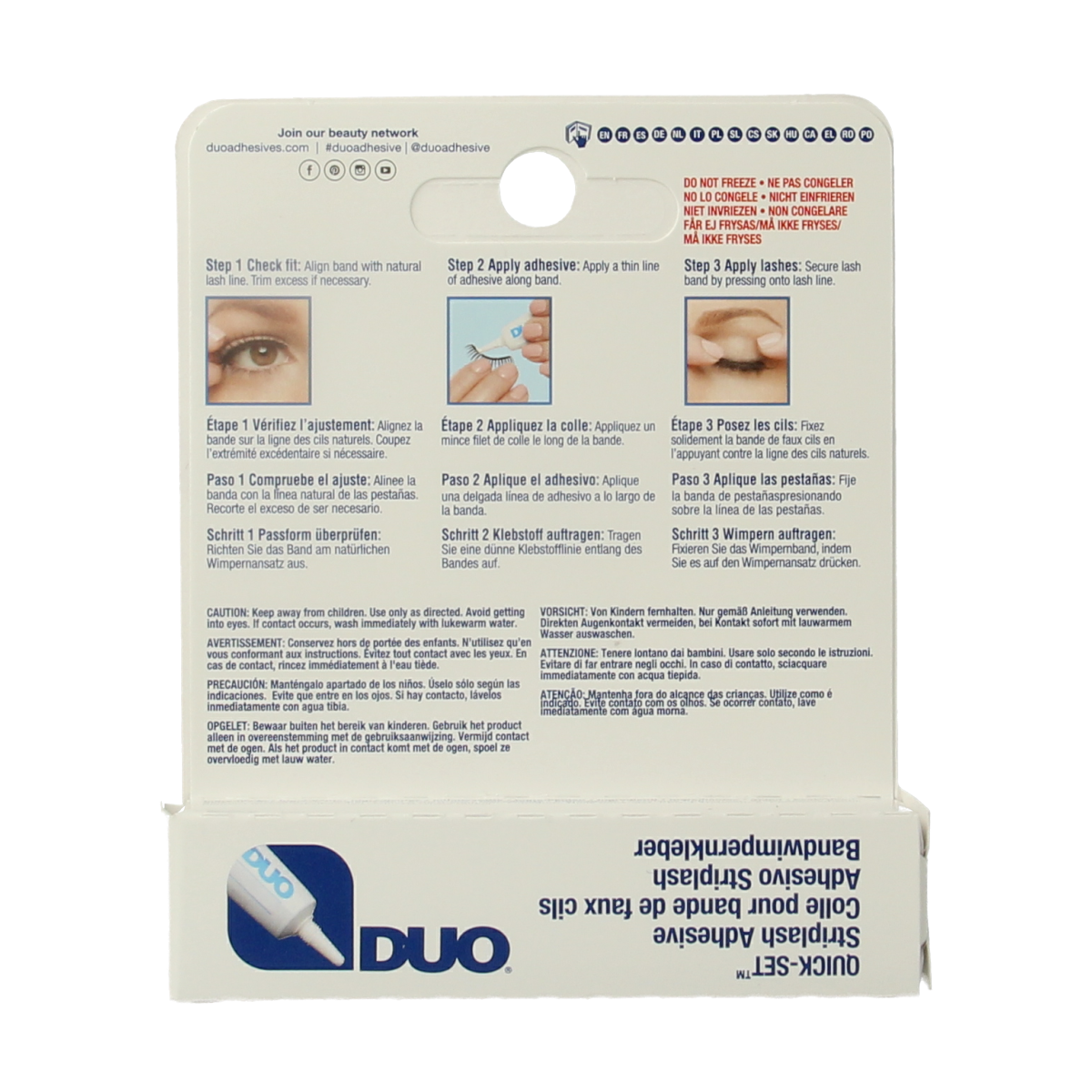 DUO Quickset strip lash adhesive in white/clear, 7g, for makeup, with a tube of adhesive shown on a neutral background.
