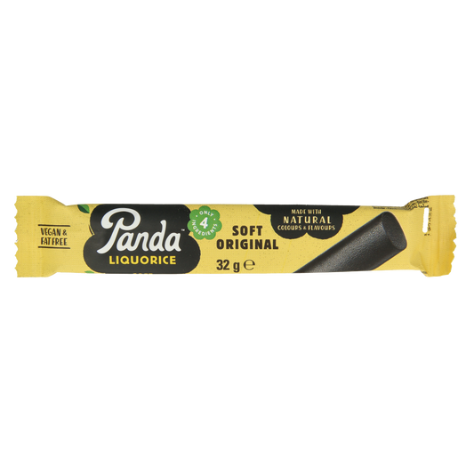 Panda Dropstaaf candy in a 32-gram package, showing colorful chocolate-coated snack with panda branding.