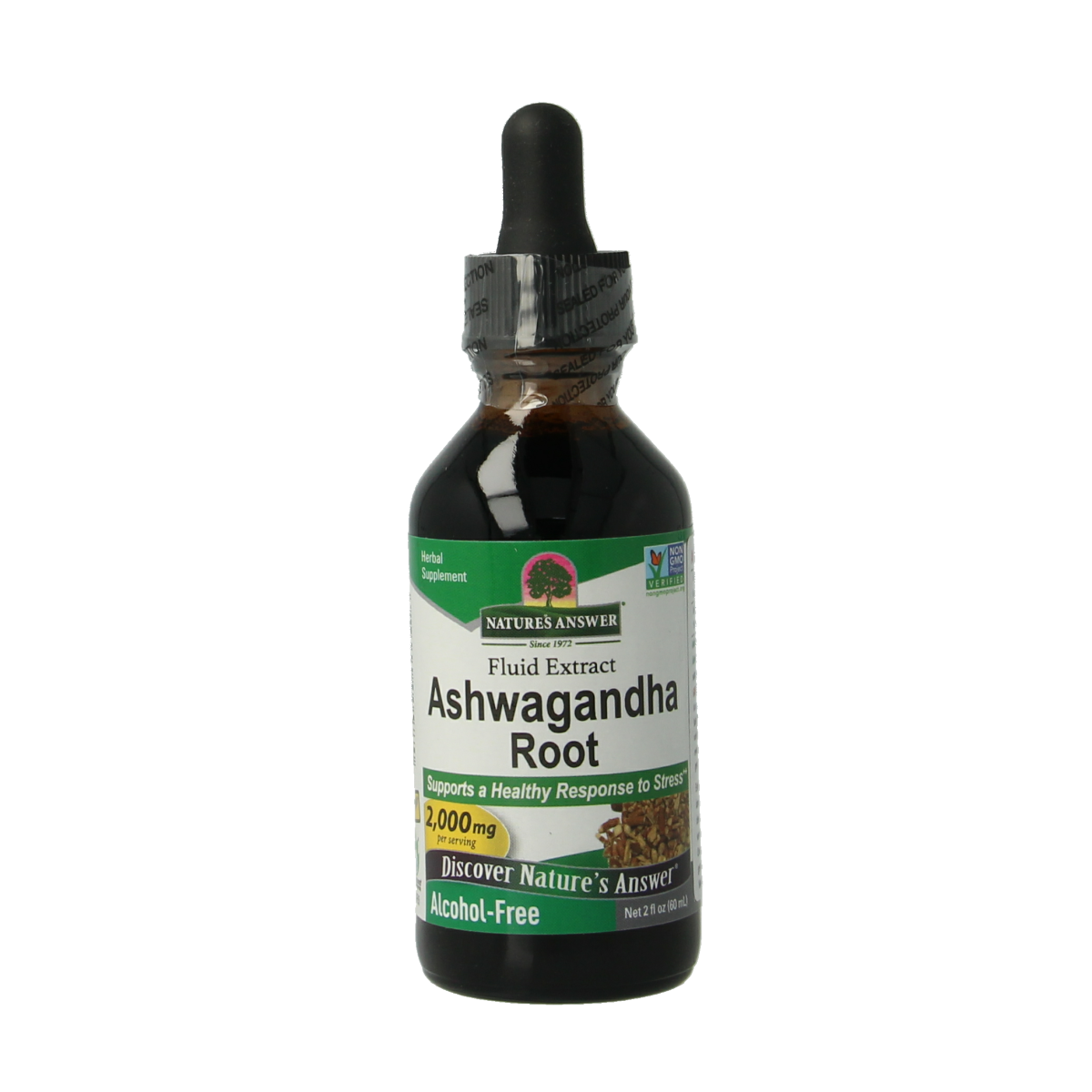 Natures Answer Ashwagandha extract alcoholvrij in 60ml bottle, herbal supplement from Natures Answer, natural adaptogen remedy.