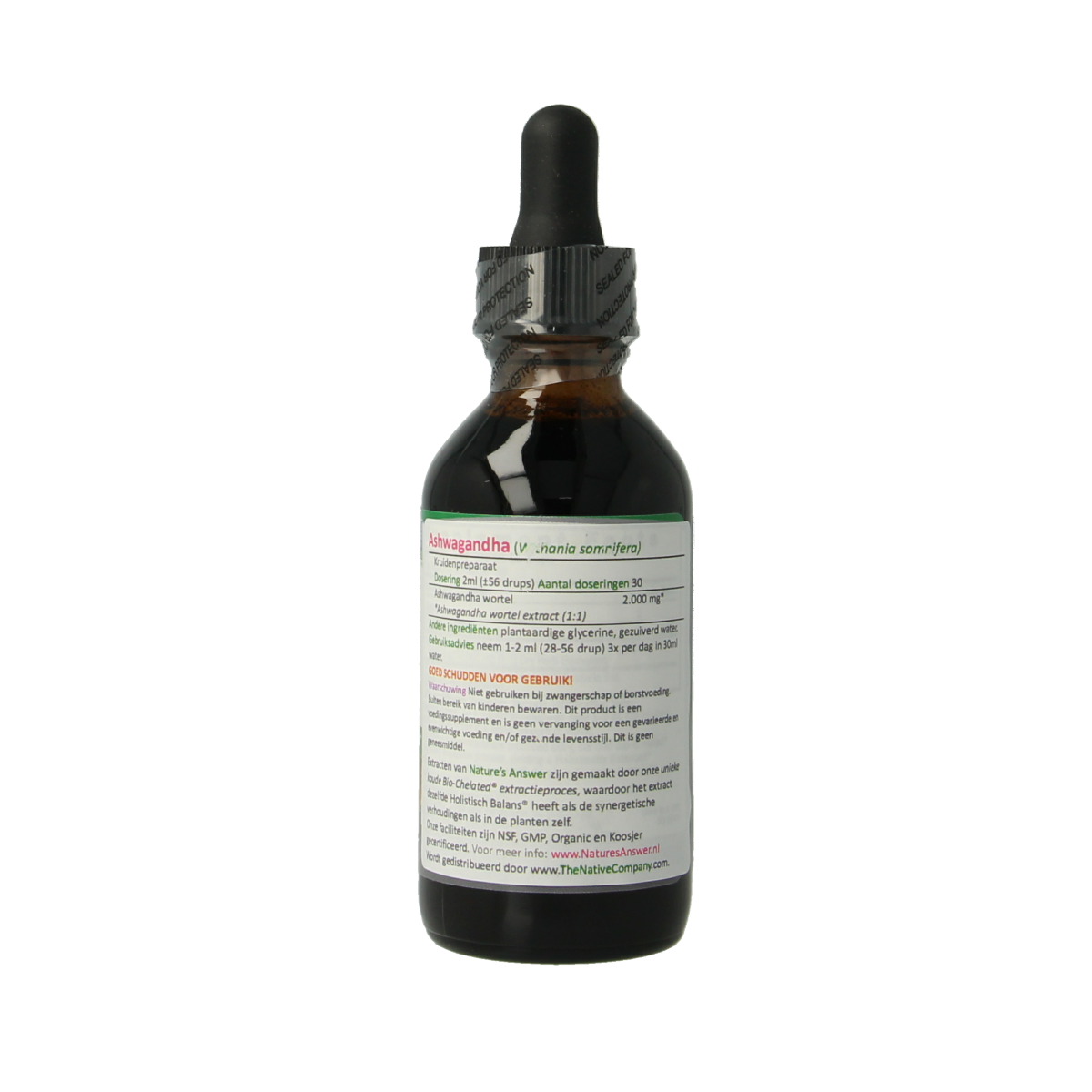 Natures Answer Ashwagandha extract alcoholvrije kruidenpreparaat in 60ml bottle, herbal supplement for stress relief.