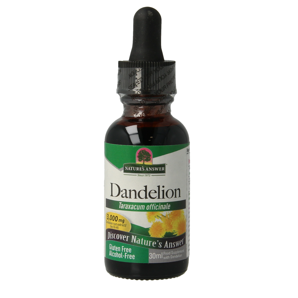 Bottle of Natures Answer Paardenbloem extract alcoholvrij herbal supplement in 30ml dropper bottle, featuring fresh yellow and green label.