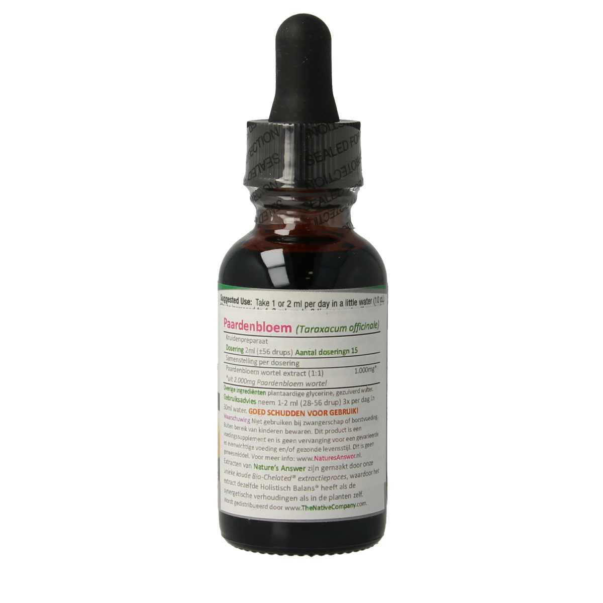 Bottle of Natures Answer alcohol-free Paardenbloem (dandelion) extract in 30ml herbal supplement, with herbal ingredients visible.