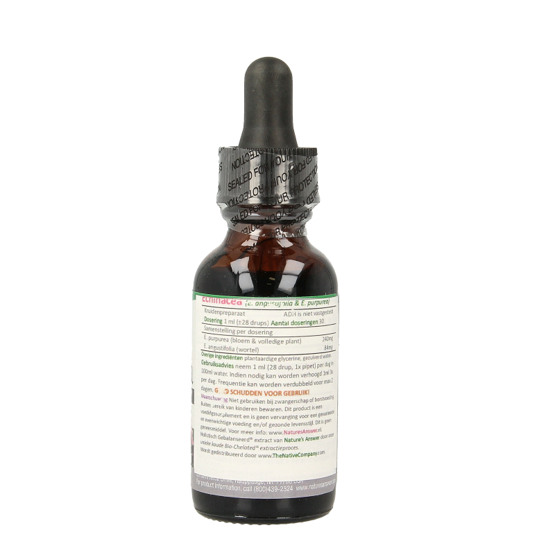 Natures Answer Echinacea extract alcoholvrij in 30ml bottle, herbal supplement for immune support, featuring fresh Echinacea flowers.