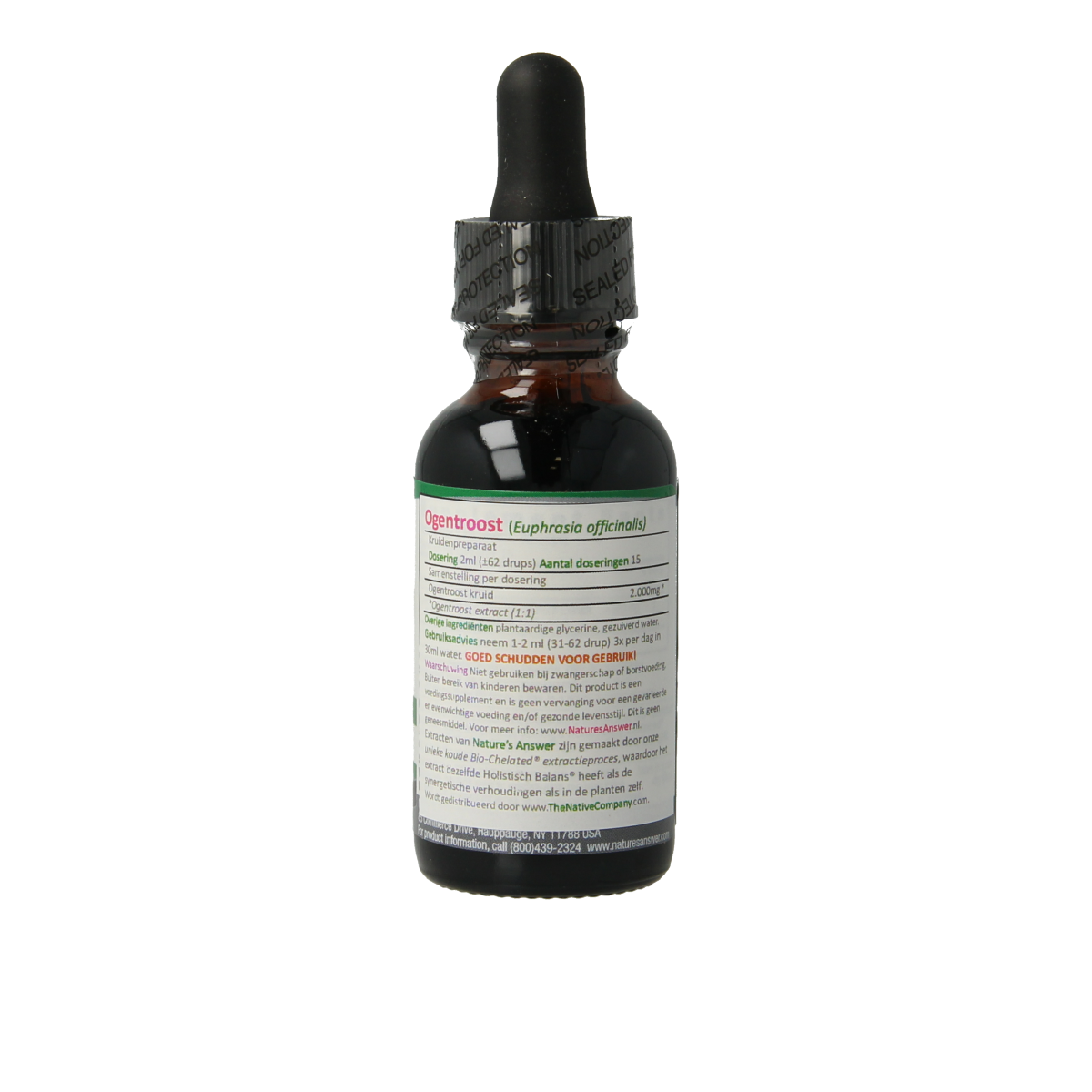 Natures Answer alcoholvrije Ogentroost extract in 30ml herbal supplement bottle, labeled with product details and branding.