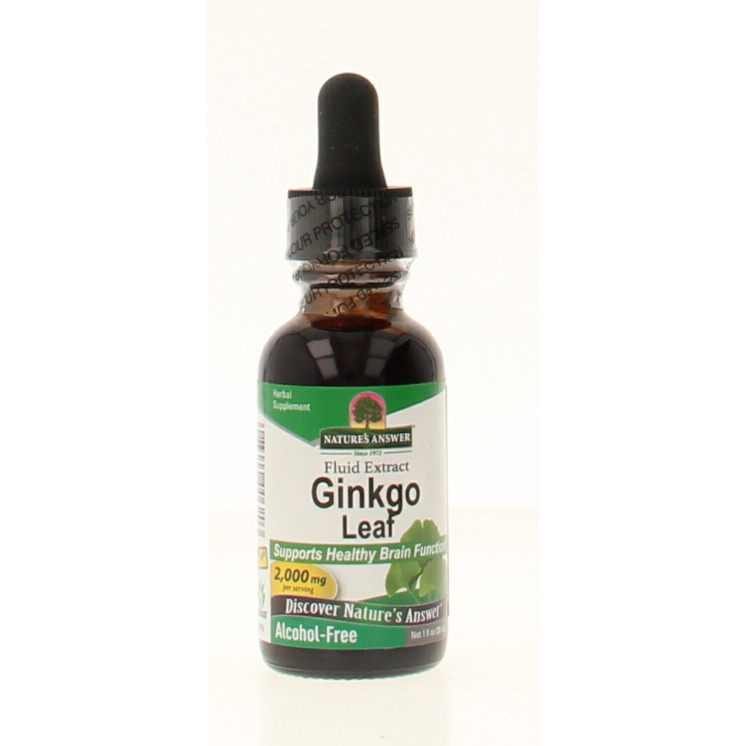 Natures Answer Ginkgo biloba extract alcoholvrij in 30ml bottle, herbal supplement for cognitive support.