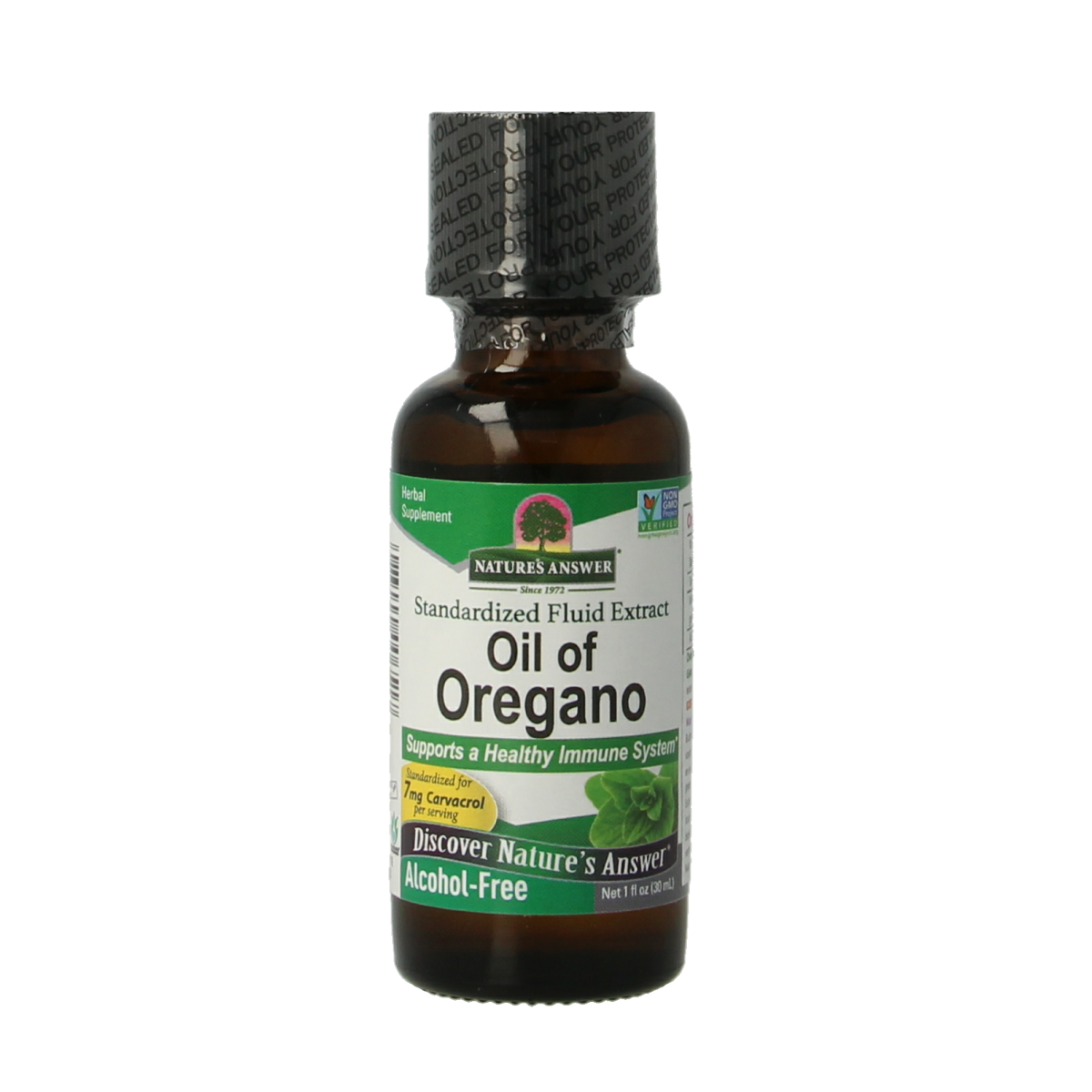 Natures Answer oregano oil bottle with 50% carvacrol, 30ml herbal supplement for natural health support.