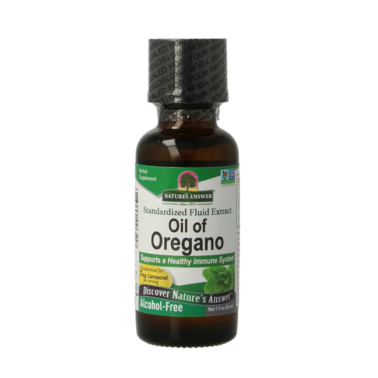 Natures Answer oregano oil bottle with 50% carvacrol, 30ml herbal supplement for natural health support.