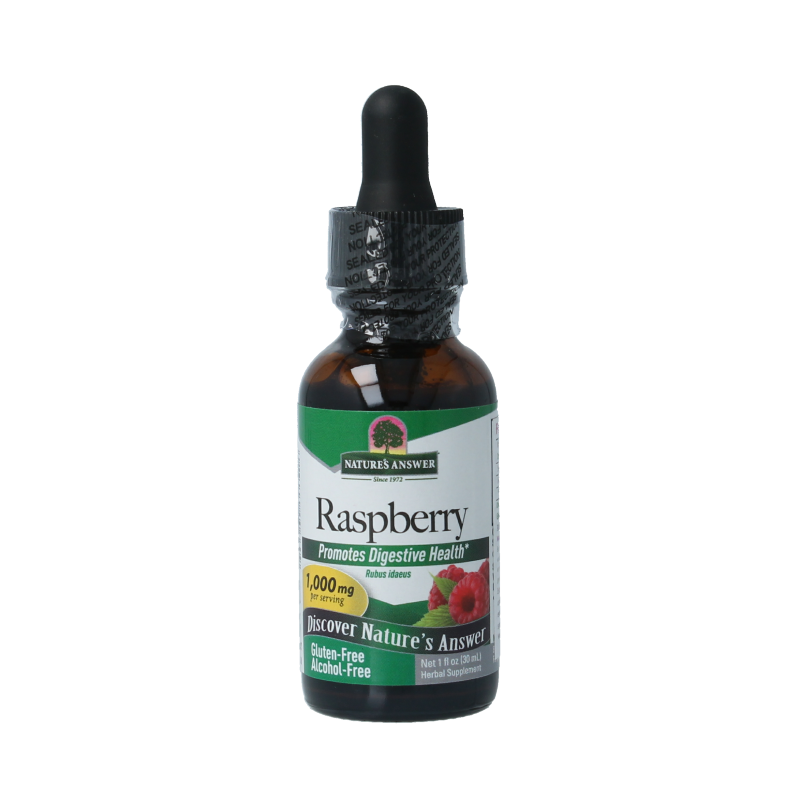 Natures Answer Frambozenblad extract in a 30ml bottle, natural herbal supplement with alcohol-free formula, shown in the image.