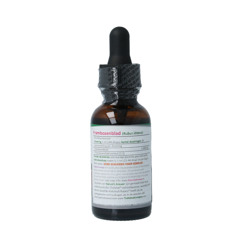 Natures Answer Frambozenblad alcoholvrije kruidenpreparaat in 30ml bottle, showing the product bottle and label.