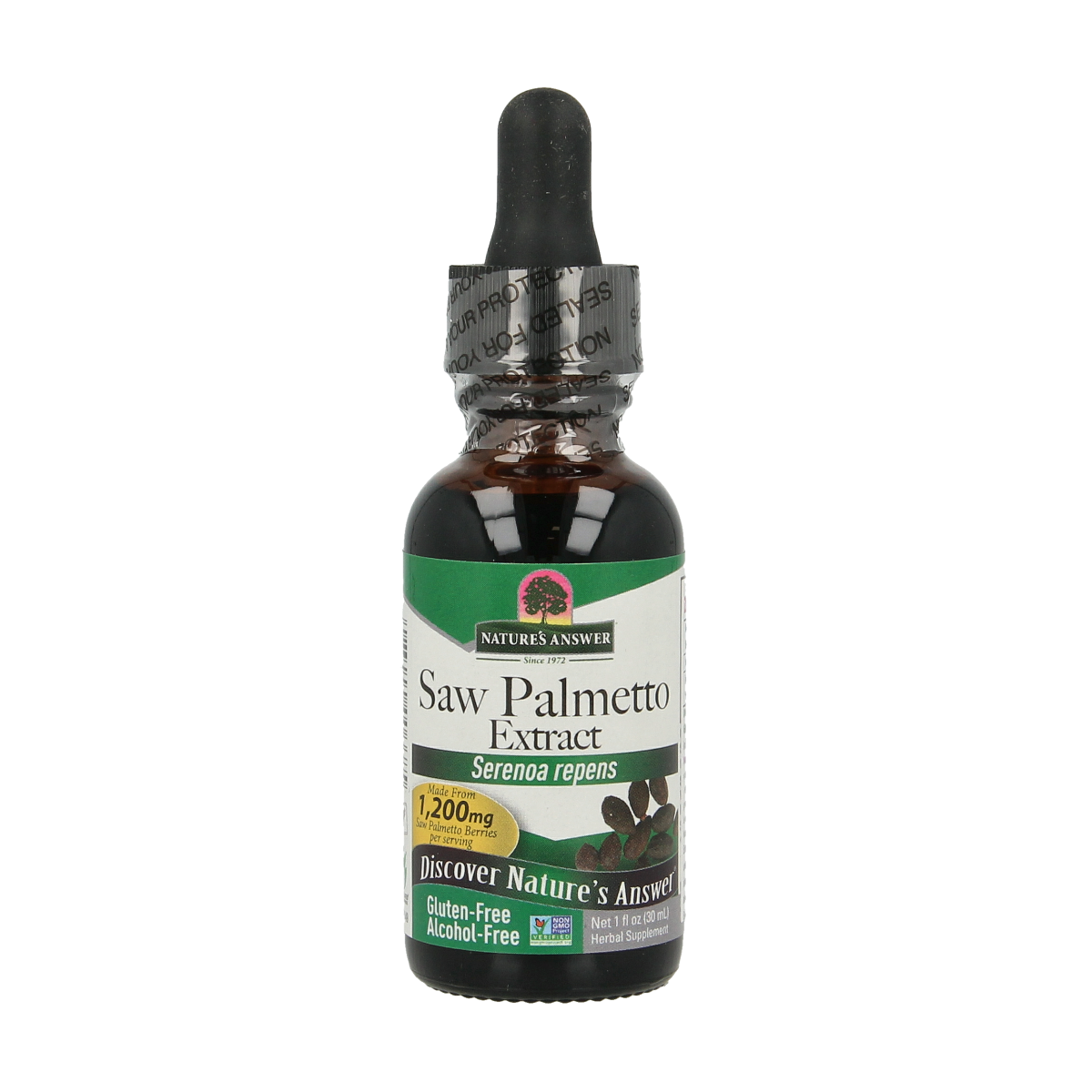 Natures Answer Saw Palmetto extract bottle in a 30ml herbal supplement container, alcohol-free, with a white label and cap.