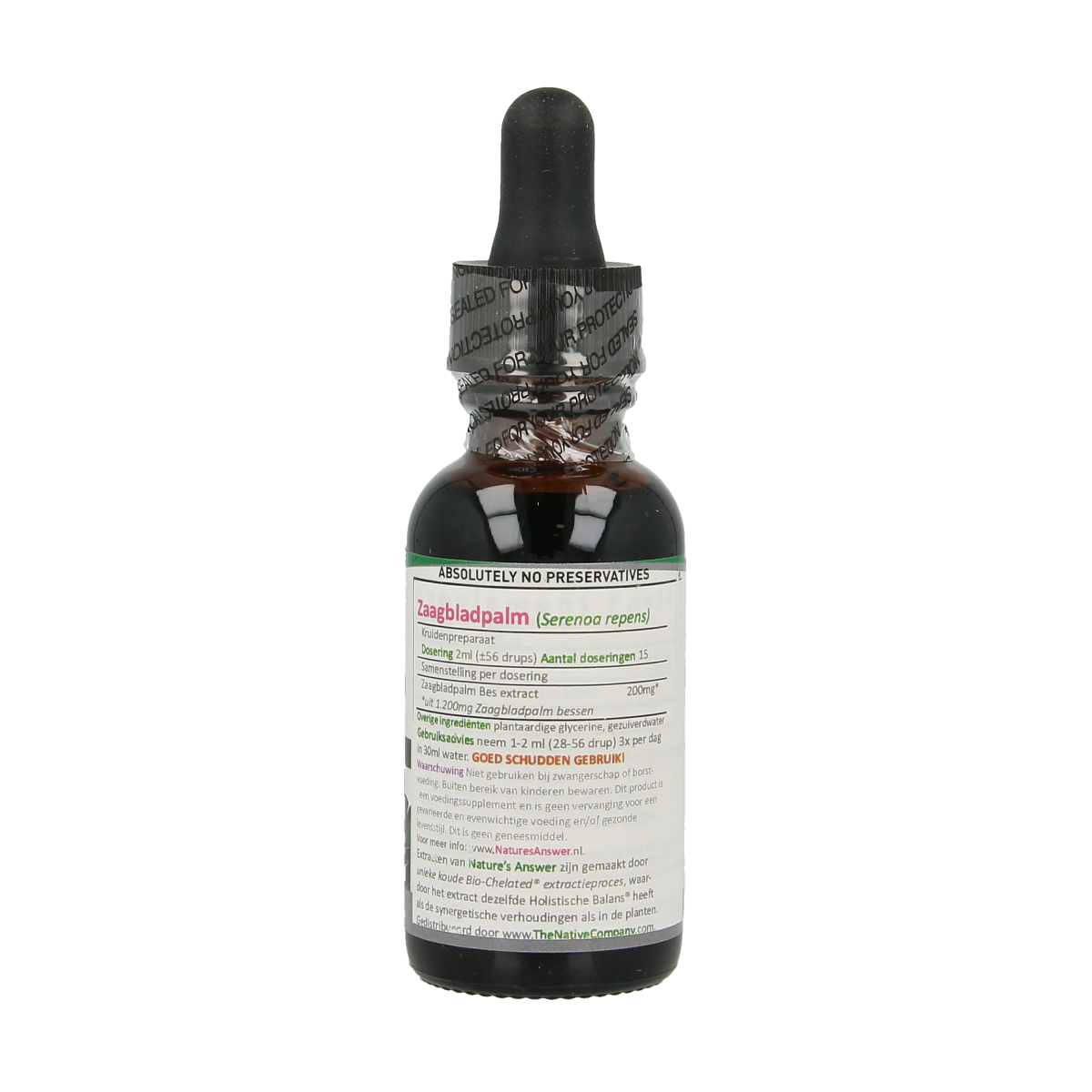 Natures Answer Saw Palmetto extract alcohol-free, 30ml herbal supplement bottle with label showing product details.