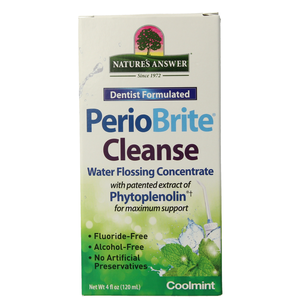 Natures Answer PerioBrite mondhygiëne spray with 22 kruiden en Q10, 120 ml, for oral hygiene and breath freshening.