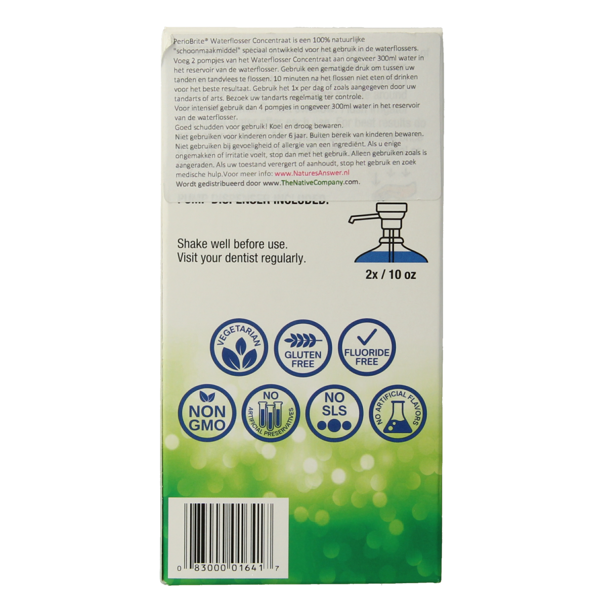 Natures Answer PerioBrite 120ml mouth rinse with herbs and Q10 for oral hygiene and gum health, shown in a clear bottle.