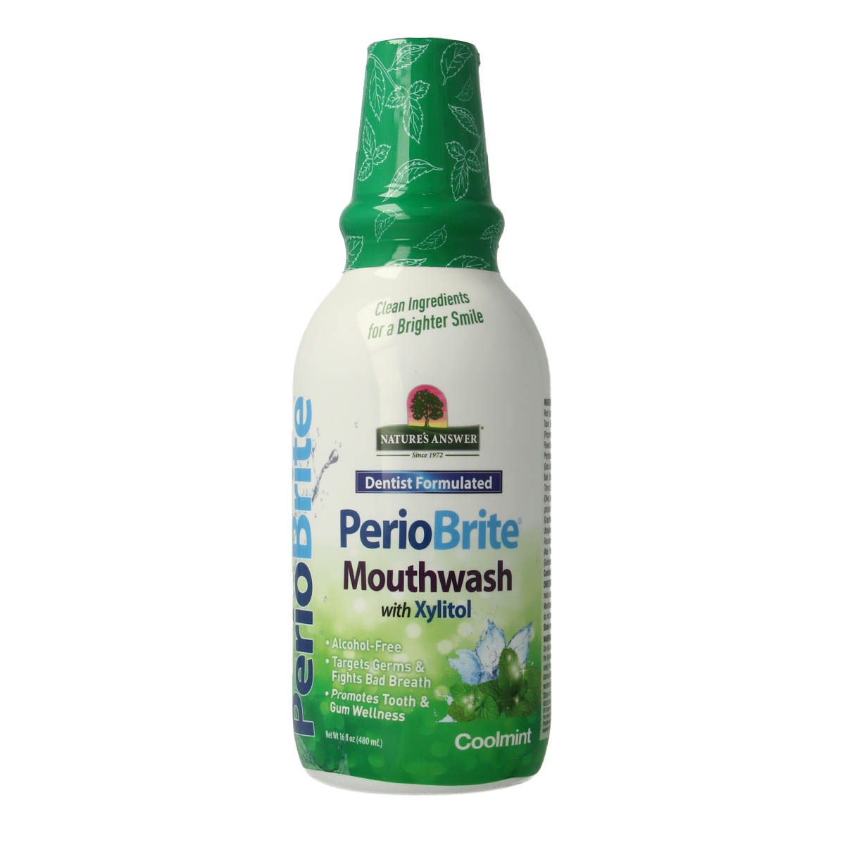 Natures Answer PerioBrite cool mint mouthwash in 480ml bottle, soothing oral rinse for fresh breath and dental health.