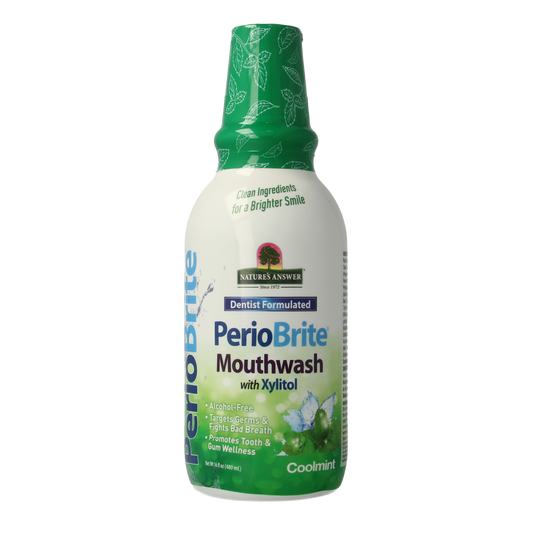 Natures Answer PerioBrite cool mint mouthwash in 480ml bottle, soothing oral rinse for fresh breath and dental health.