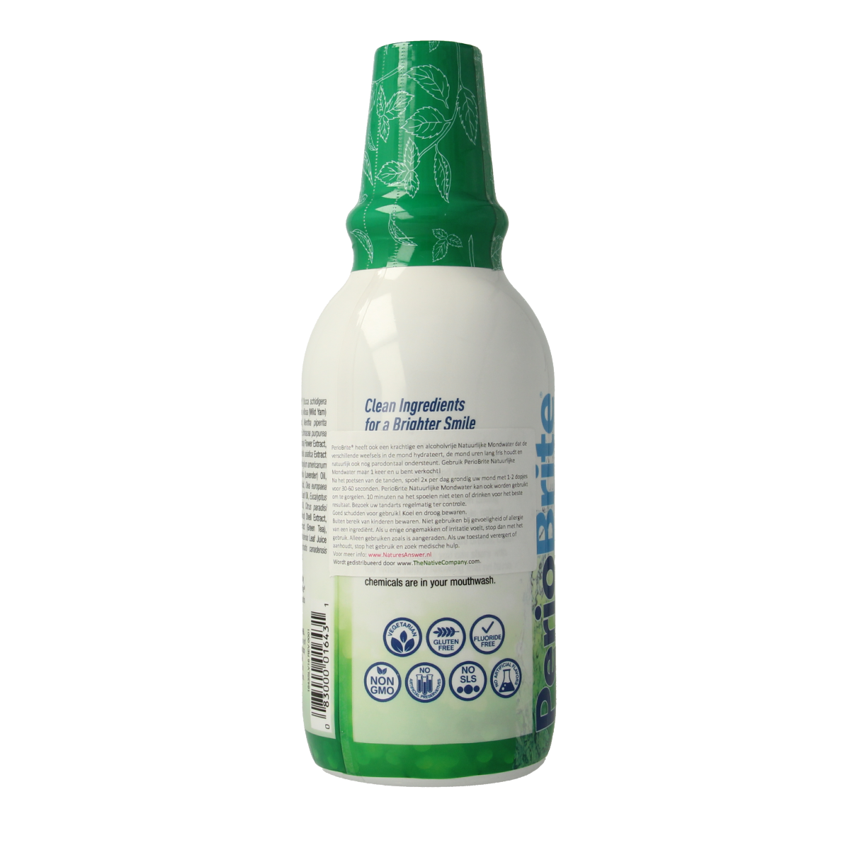 Natures Answer PerioBrite Cool Mint mouthwash in 480ml bottle, antimicrobial mouth rinse for fresh breath and oral health.