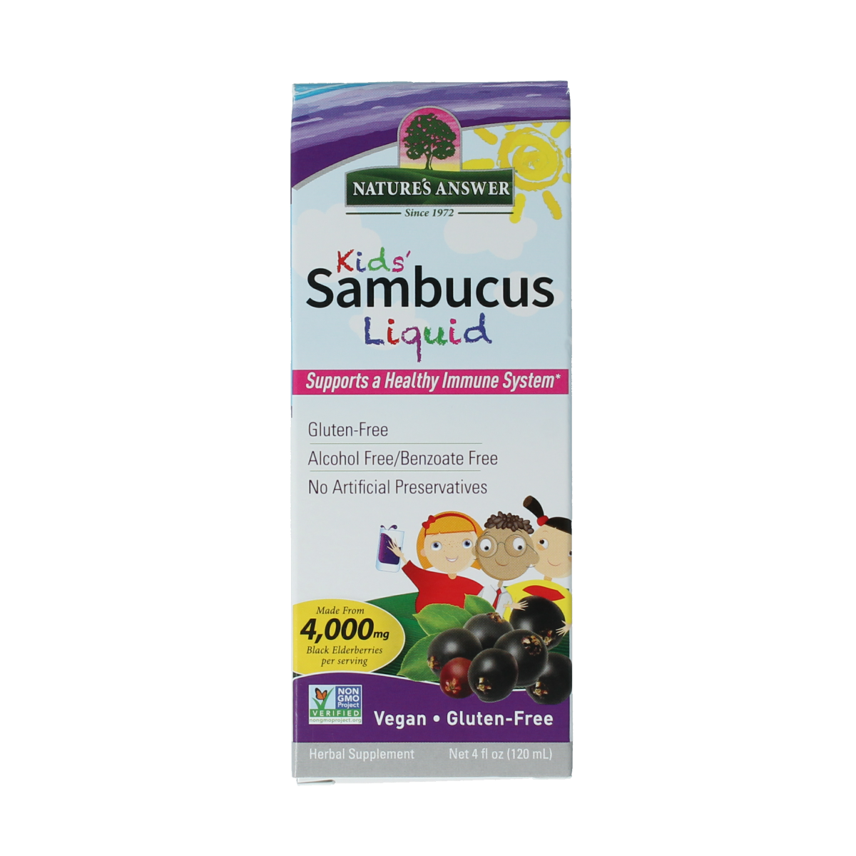 Natures Answer Sambucus kids elderberry extract bottle, 120ml, herbal supplement for children with elderberry in a clear container