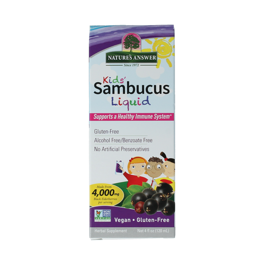 Natures Answer Sambucus kids elderberry extract bottle, 120ml, herbal supplement for children with elderberry in a clear container
