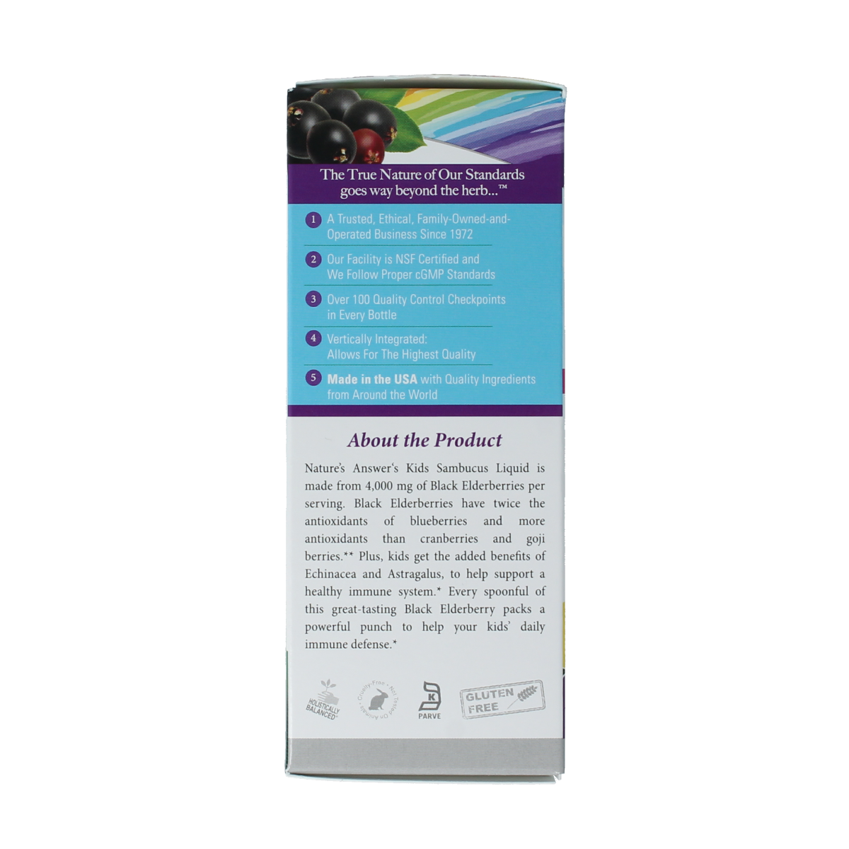 Natures Answer Sambucus kids elderberry extract in 120ml bottle, herbal supplement for children, natural herbal preparation.