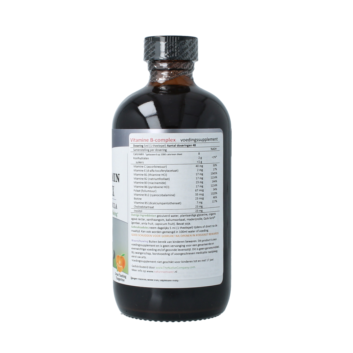 Natures Answer liquid Vitamin B complex bottle, 240ml, featuring colorful B vitamin capsules and dropper for easy dosing.