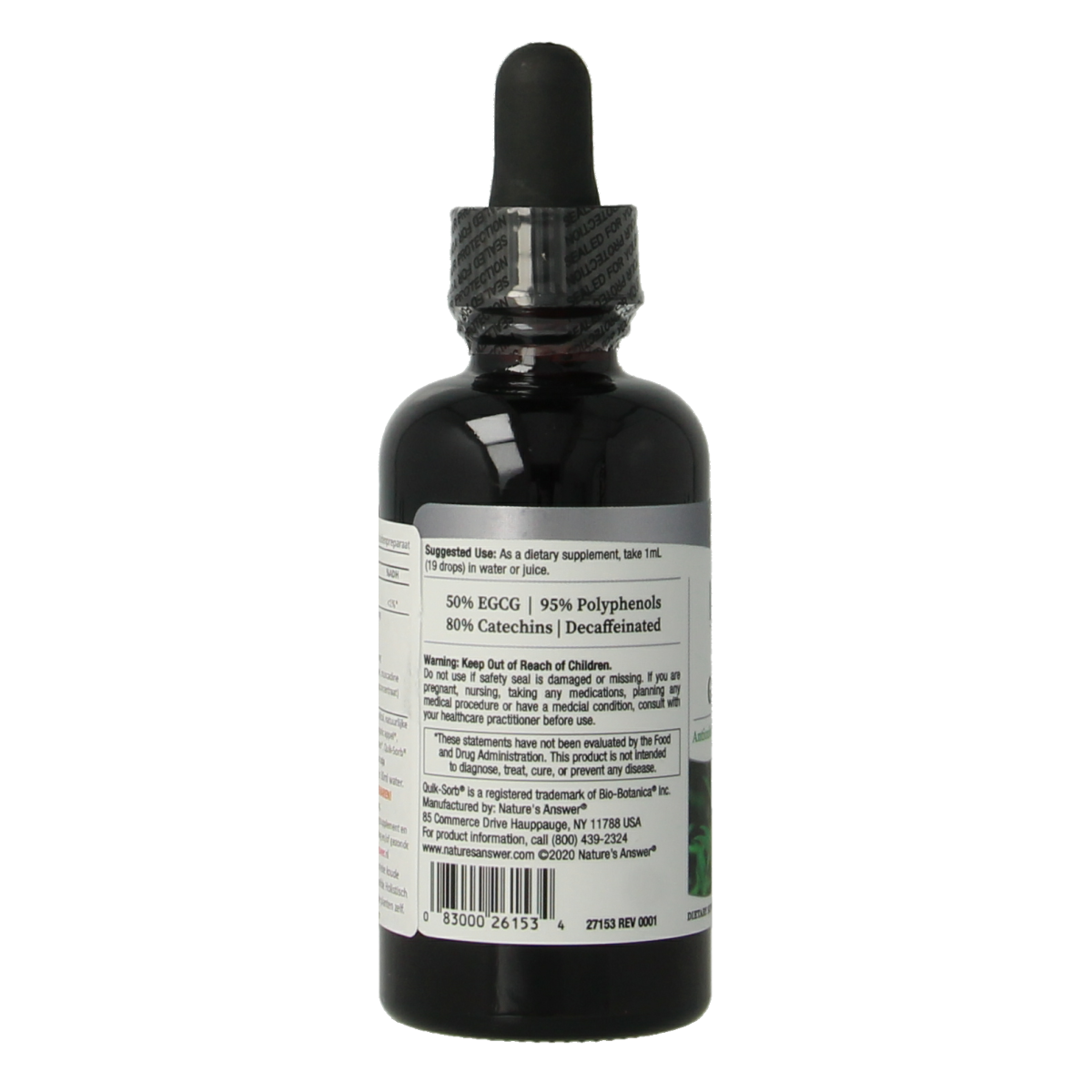 Bottle of Natures Answer green tea extract alcohol-free with 50% EGCG, 60ml, herbal supplement for health and wellness.