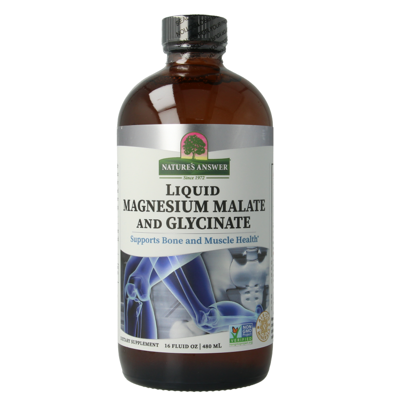 Natures Answer magnesium malate and bisglycinate liquid supplement in a 480ml bottle, featuring a dropper for easy use.