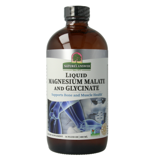 Natures Answer magnesium malate and bisglycinate liquid supplement in a 480ml bottle, featuring a dropper for easy use.