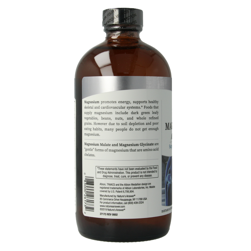 Natures Answer liquid magnesium maltate and bisglycinate supplement in a 480ml bottle, featuring a clear label and dropper cap.