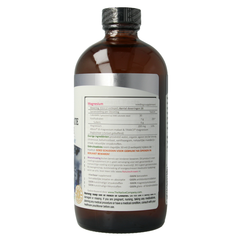 Natures Answer mineral supplement with magnesium malate and bisglycinate in a 480ml liquid bottle, rich in essential minerals.