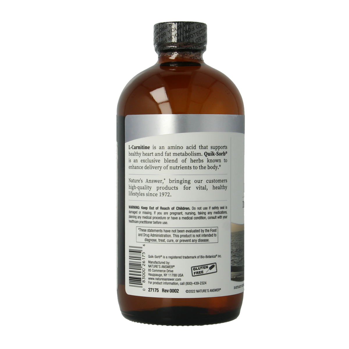Liquid L-Carnitine supplement by Natures Answer in a 480ml bottle, containing 1200mg of L-Carnitine for herbal preparations.