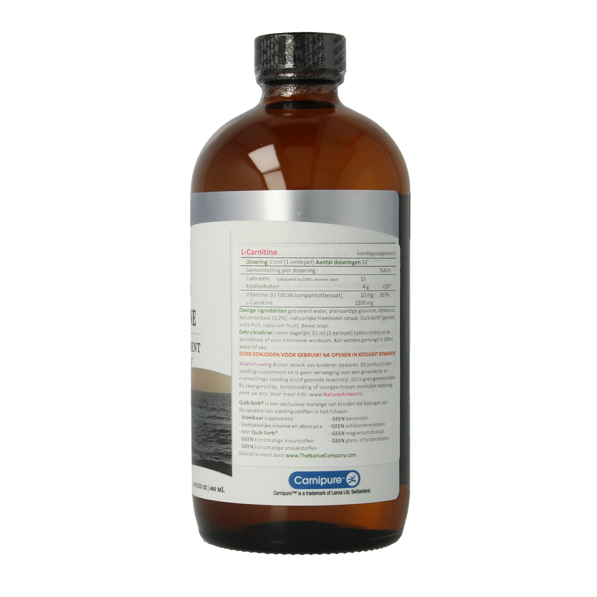 Liquid L-Carnitine supplement by Natures Answer, 1200mg per 480ml herbal preparation with natural ingredients.
