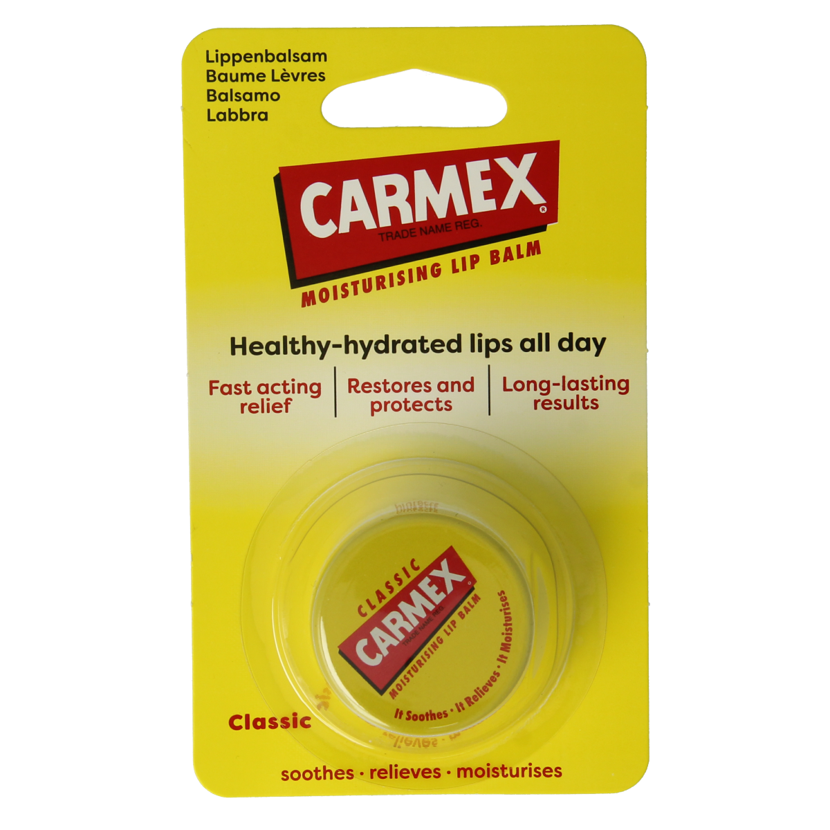 Carmex classic lip balm in a 7.5g pot, moisturizing lip care product with a smooth, creamy texture for soft lips.