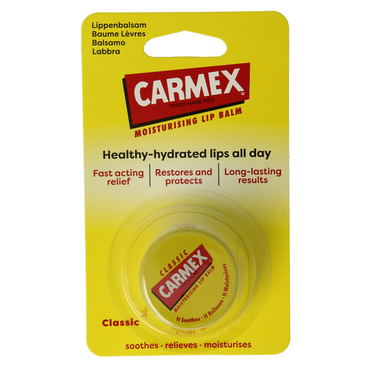 Carmex classic lip balm in a 7.5g pot, moisturizing lip care product with a smooth, creamy texture for soft lips.