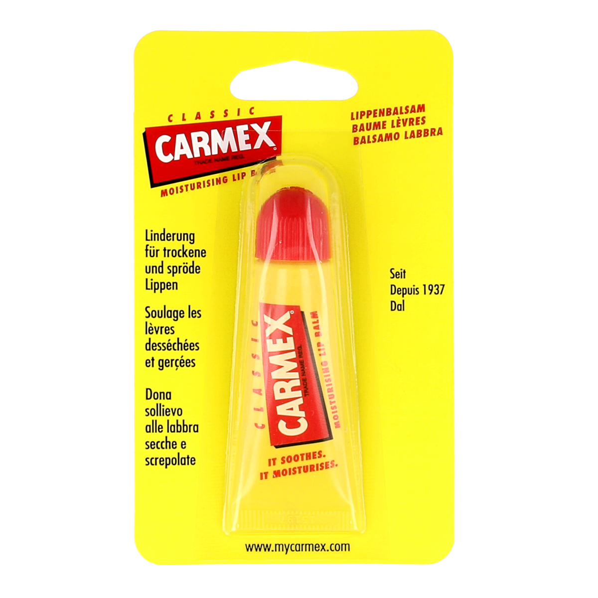 Carmex lip balm in a classic 10g tube, moisturizing lip care product with a smooth, protective formula.