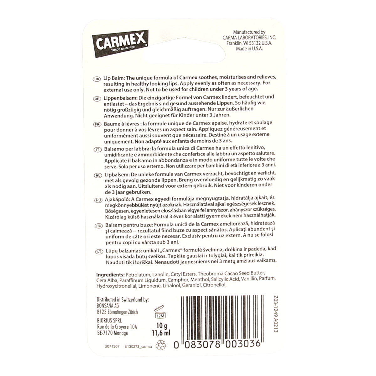 Carmex Classic Lip Balm tube, 10g, moisturizing lip care product with a white and red packaging design.