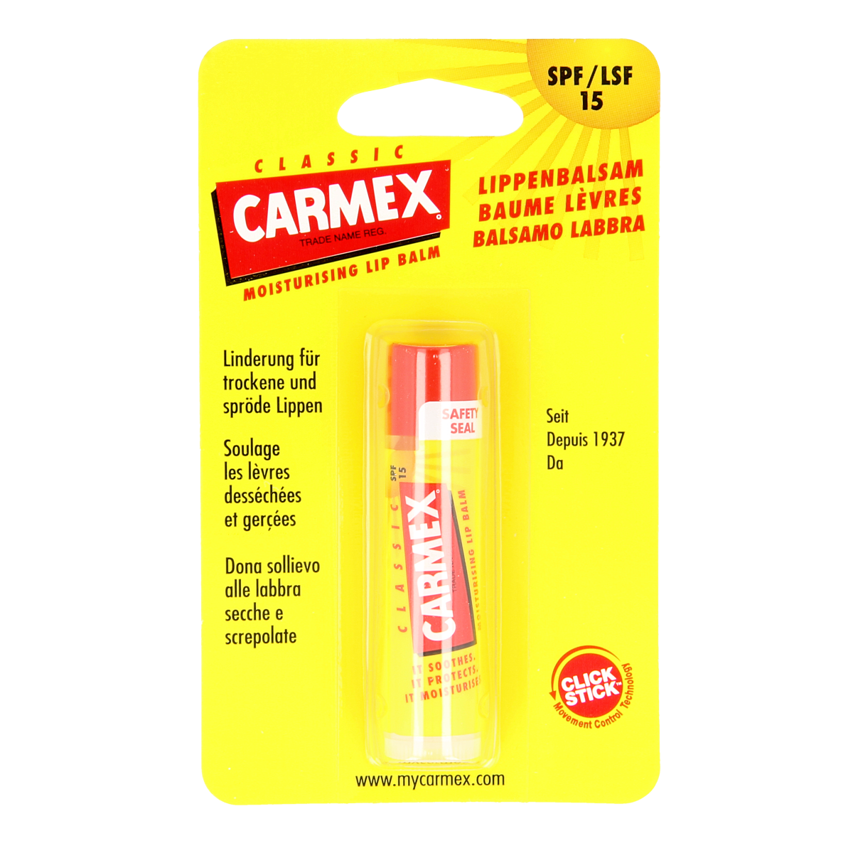 Carmex classic lip balm stick, 4.25 grams, moisturizing lip care product with a white tube and twist-up design.