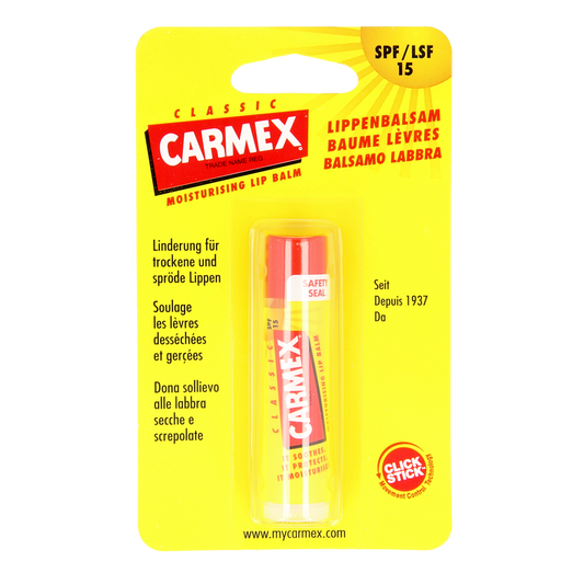 Carmex classic lip balm stick, 4.25 grams, moisturizing lip care product with a white tube and twist-up design.