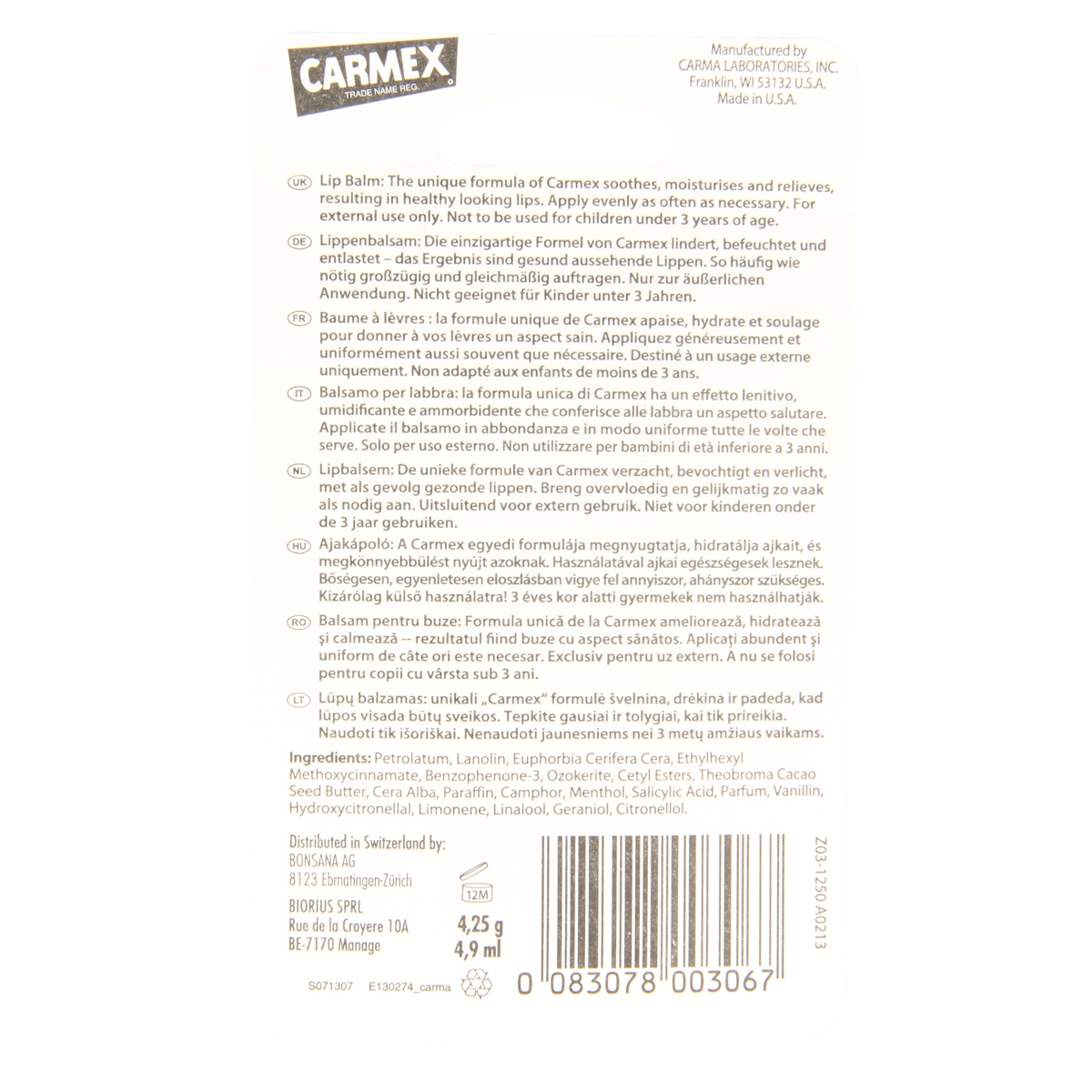 Carmex classic lip balm stick in a 4.25 gram tube, designed for moisturizing and protecting lips.