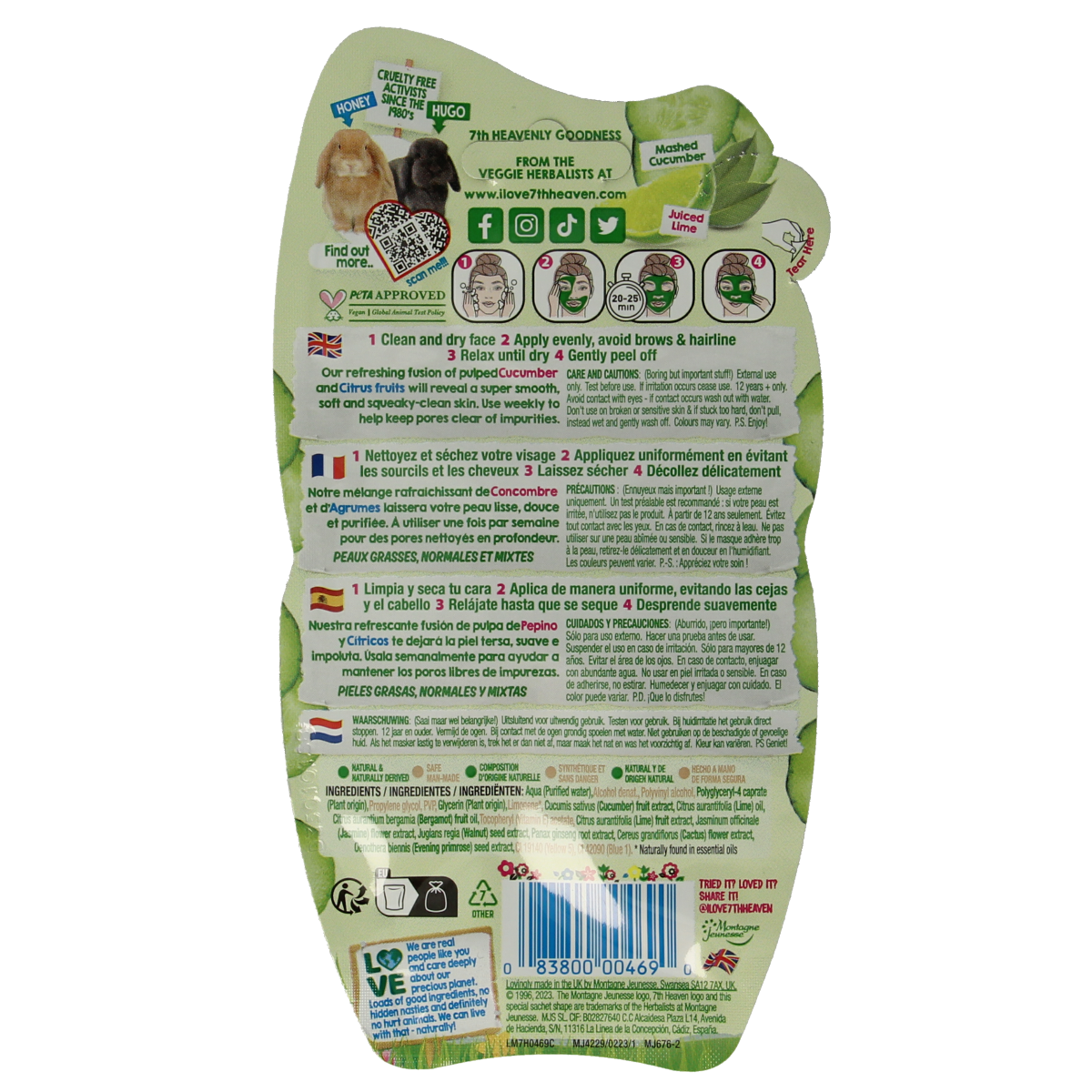 Montagne 7th Heaven cucumber peel-off face mask in 10ml tube, designed for facial skincare and hydration.