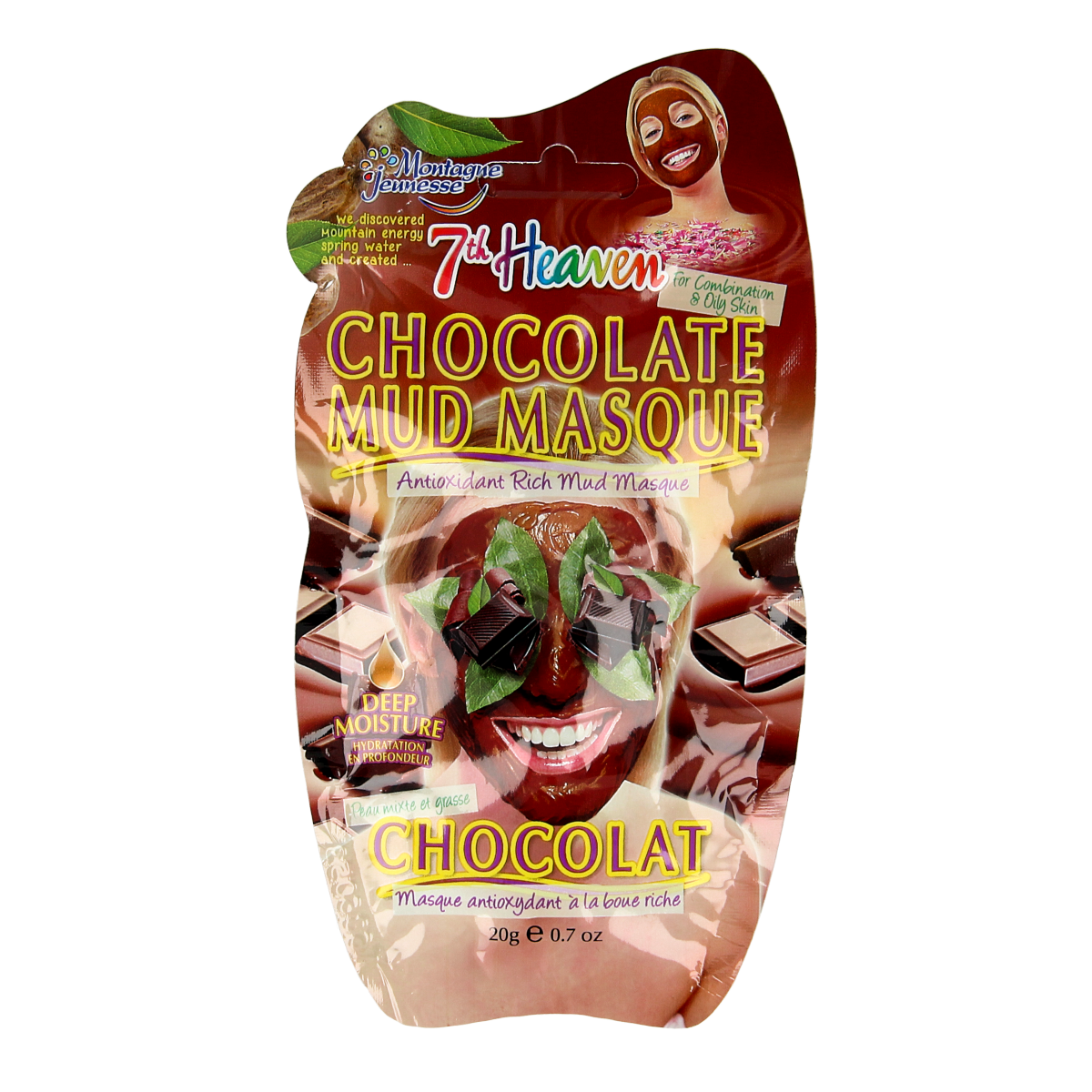 Montagne 7th Heaven chocolate mud face mask in 20g jar, natural facial skincare product with chocolate and mud ingredients.