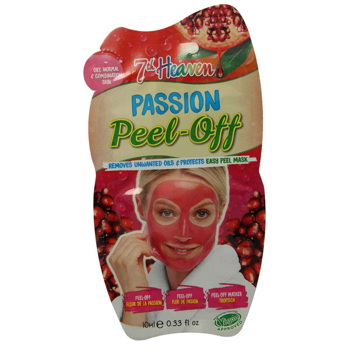 Montagne 7th Heaven passion peel-off face mask in a 10ml tube, showing the colorful packaging and product label.